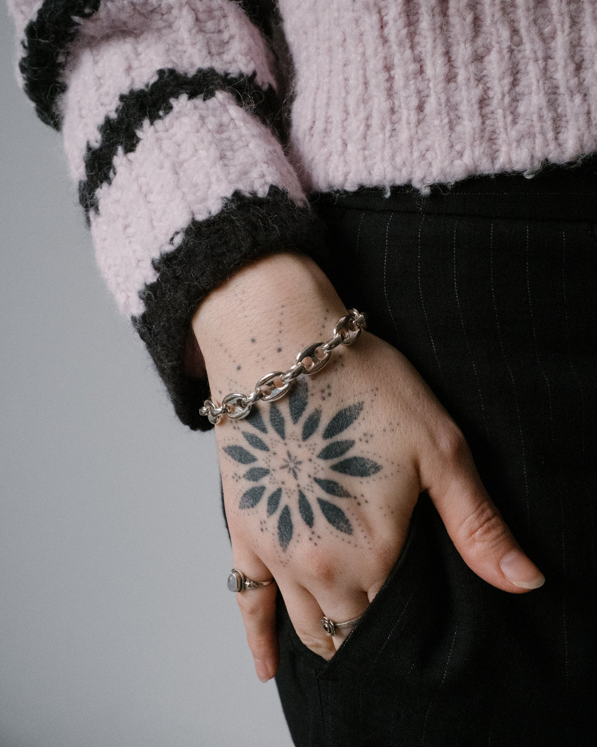 Model wearing the heavy sterling silver marine chain bracelet