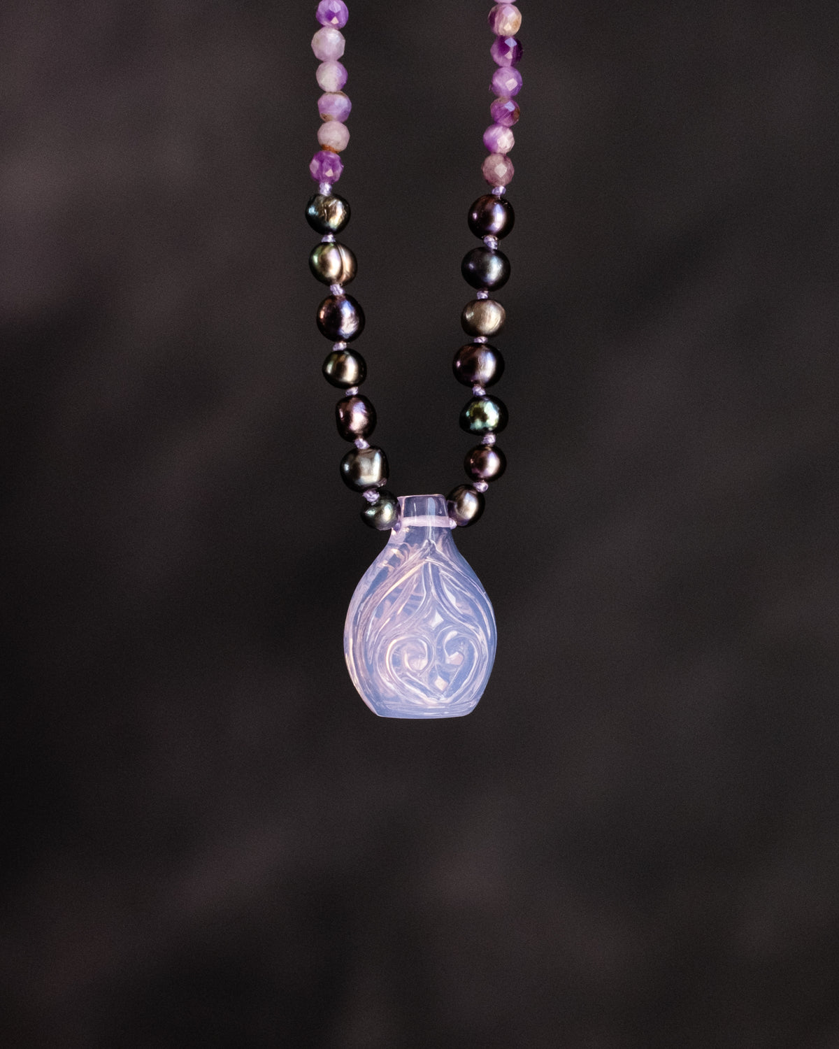 RELIC #006 lilac glass bottle pendant with charoite and black pearls