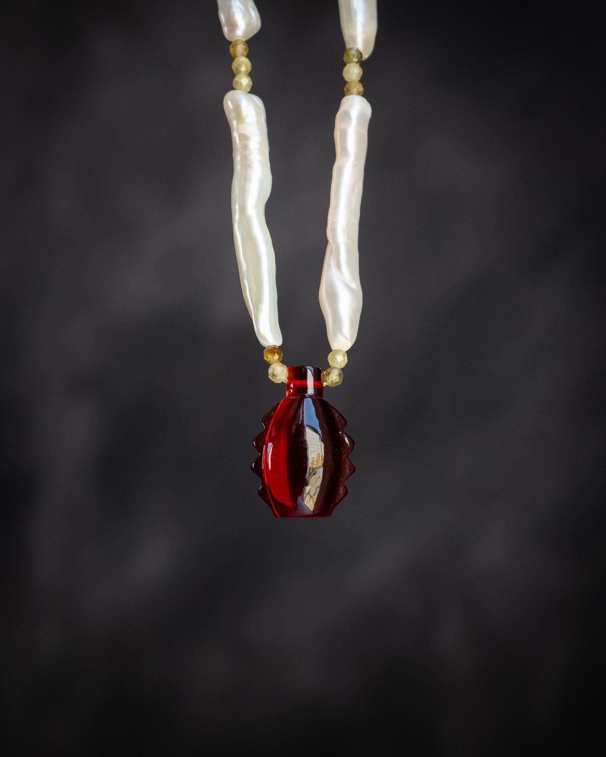 RELIC #004 hand carved red glass bottle pendant with cream stick pearls