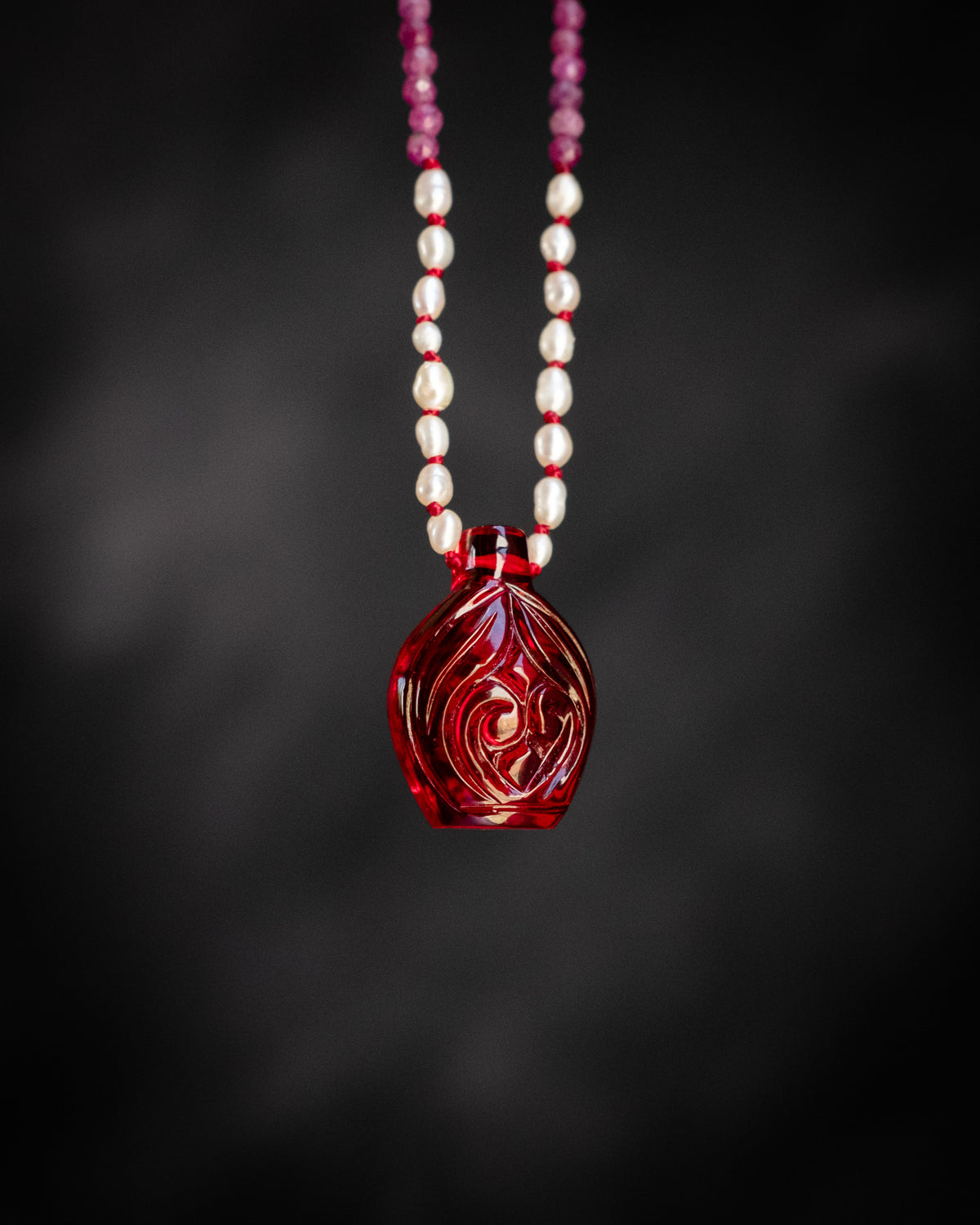 RELIC #003 hand carved red glass bottle pendant with ruby and cream freshwater pearls