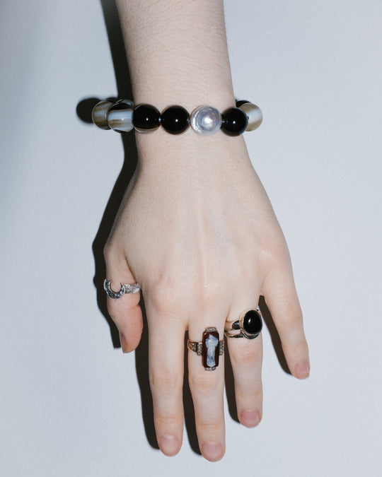 Natural Banded Agate & Vintage Pearl Round Bead Bracelet 14mm