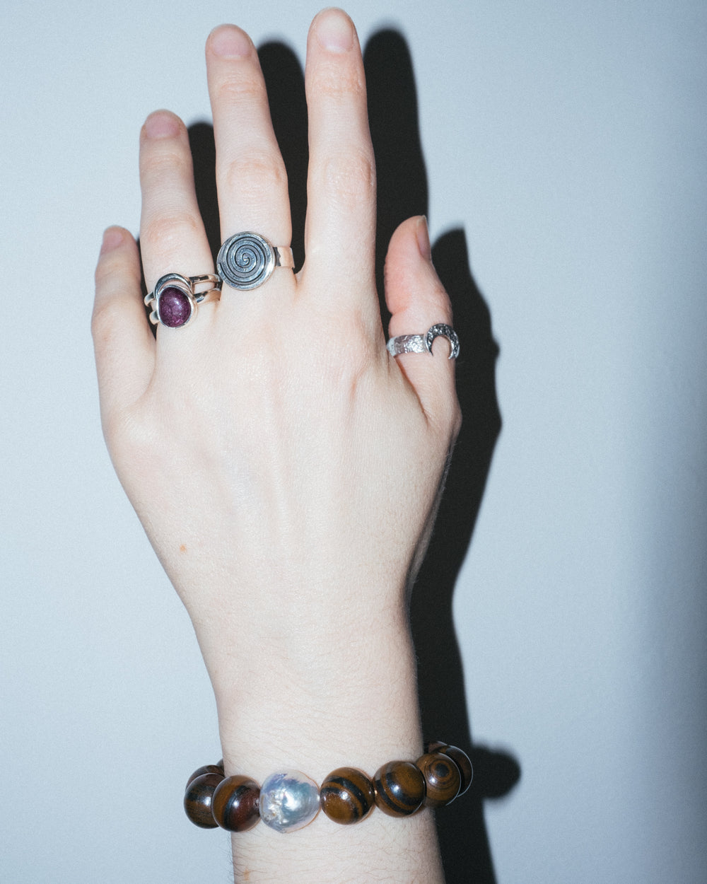 Tiger Iron & Vintage Pearl Round Bead Bracelet 12mm