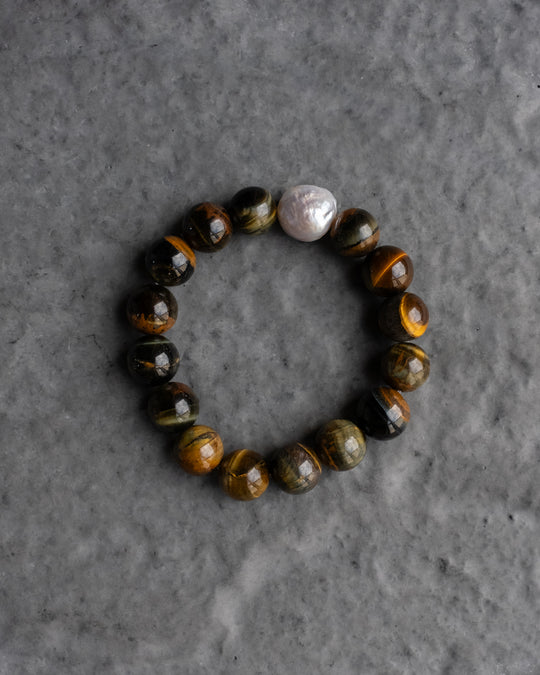 Blue Tiger's Eye & Vintage Pearl Round Bead Bracelet 12mm