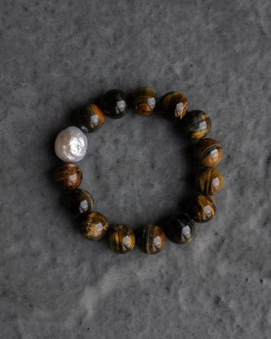 Blue Tiger's Eye & Vintage Pearl Round Bead Bracelet 12mm