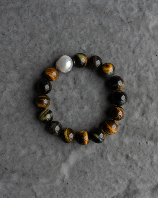 Blue Tiger's Eye & Vintage Pearl Round Bead Bracelet 12mm