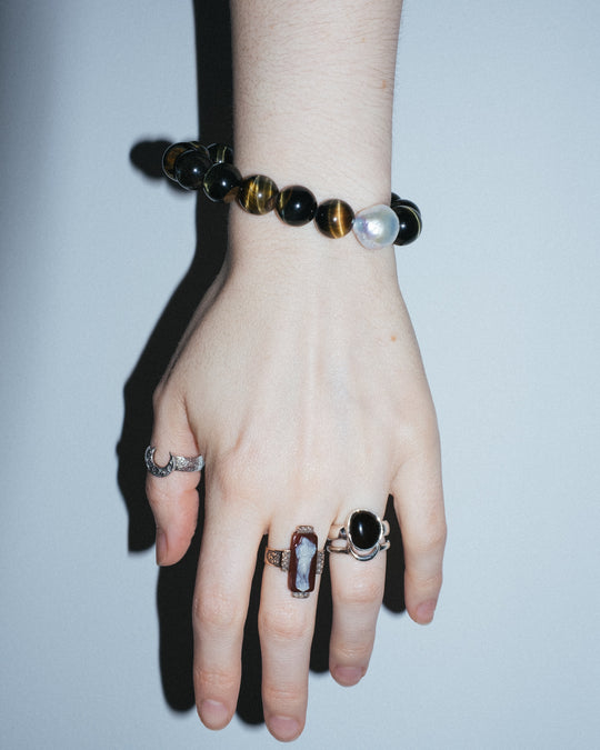 Blue Tiger's Eye & Vintage Pearl Round Bead Bracelet 12mm