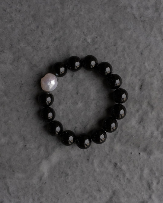 Black Onyx & Vintage Pearl Round Bead Bracelet 12mm