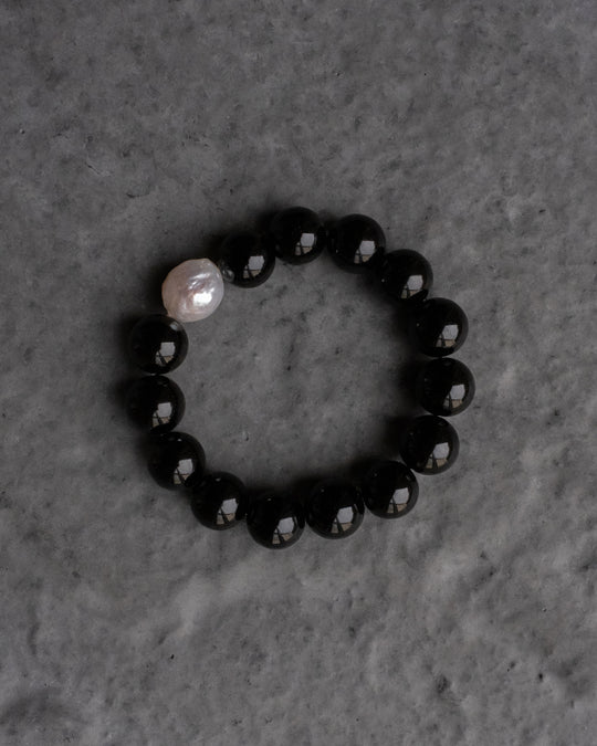 Black Onyx & Vintage Pearl Round Bead Bracelet 12mm