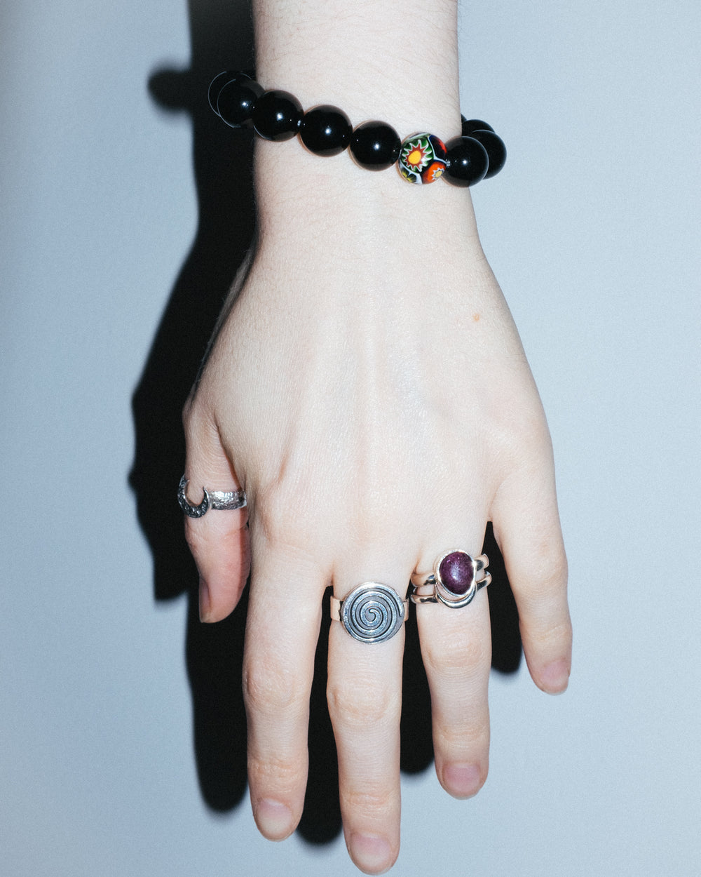 Black Onyx & Vintage Millefiori Round Bead Bracelet 12mm