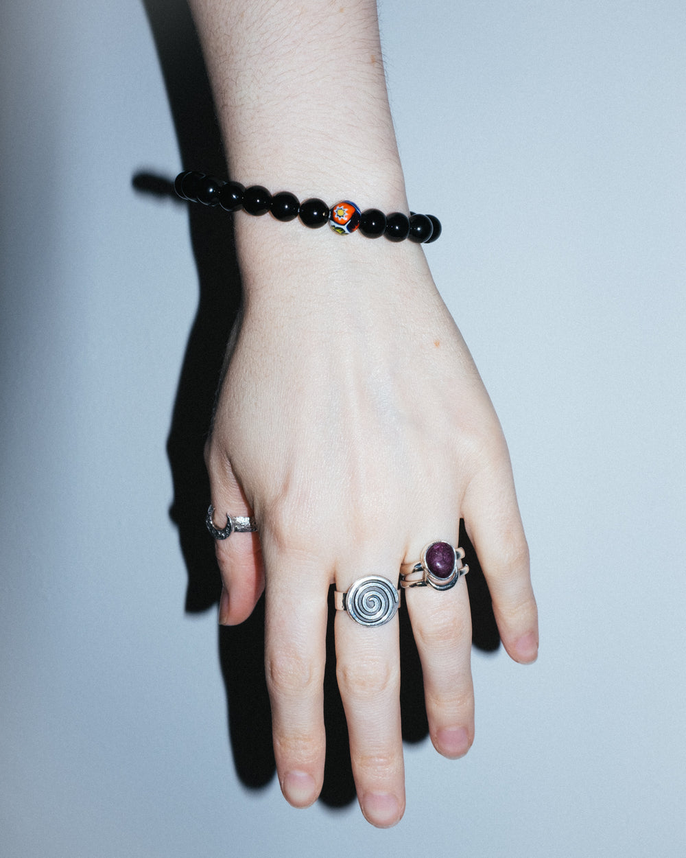 Black Onyx & Vintage Millefiori Round Bead Bracelet 8mm