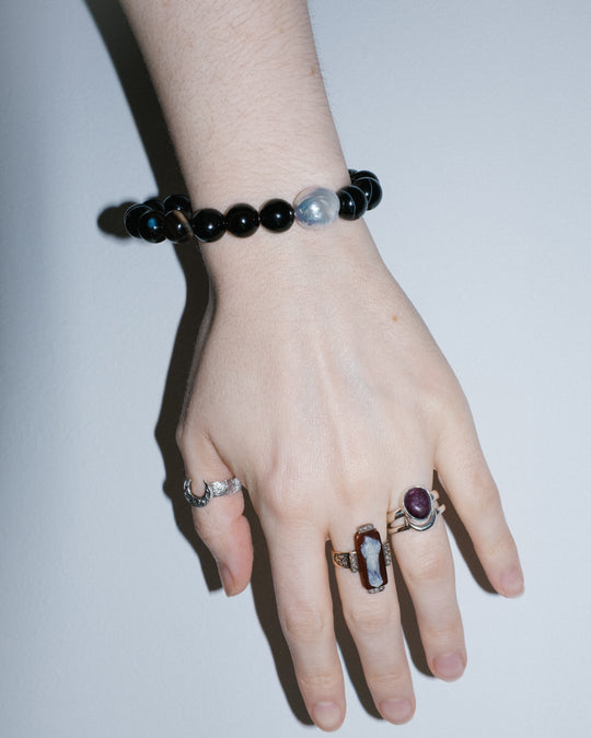 Black Agate & Vintage Pearl Round Bead Bracelet 10mm