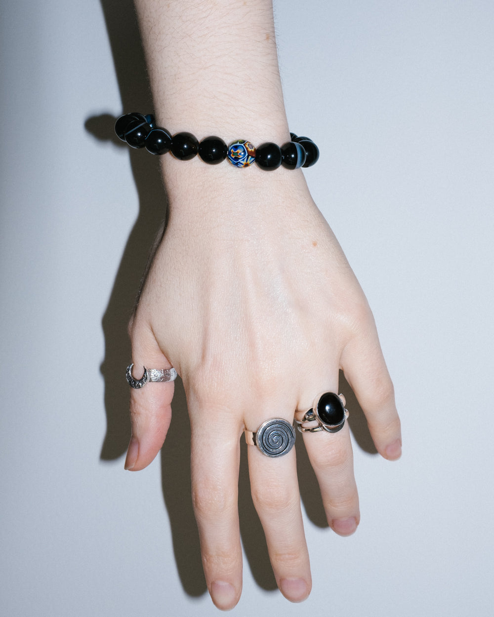 Black Agate & Vintage Millefiori Round Bead Bracelet 10mm