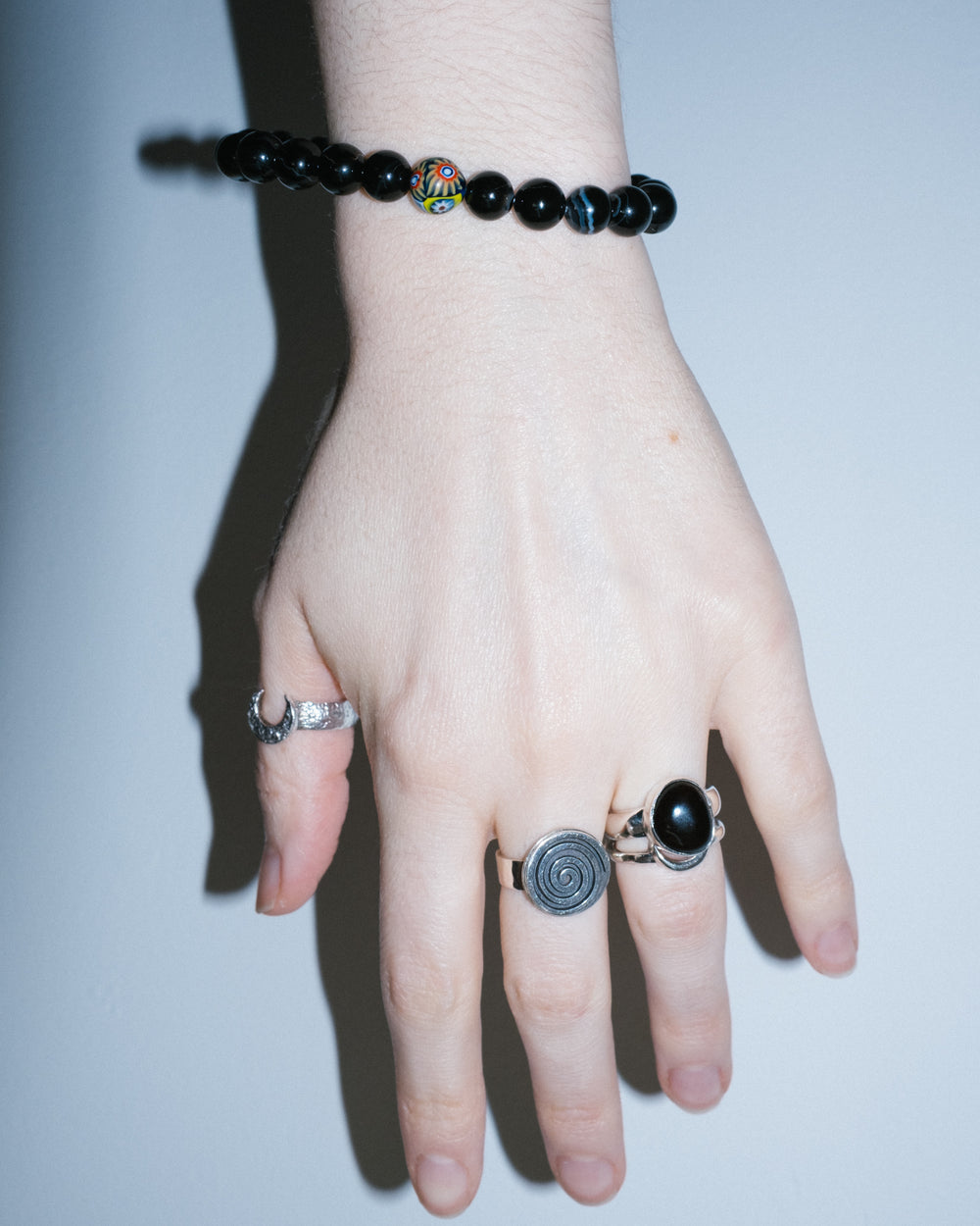 Black Agate & Vintage Millefiori Round Bead Bracelet 8mm
