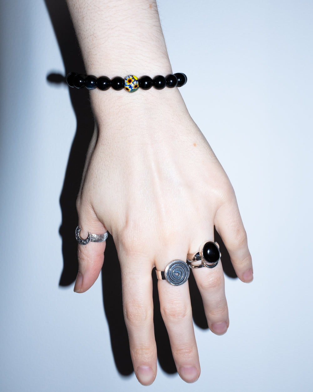 Black Agate & Vintage Millefiori Round Bead Bracelet 8mm