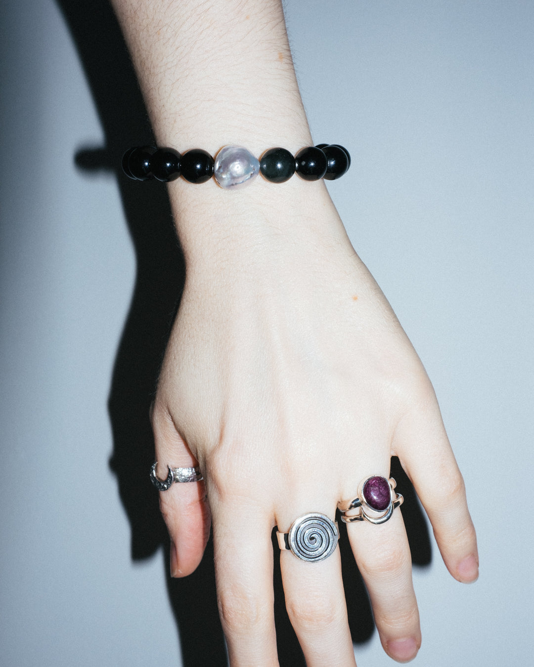 Rainbow Obsidian & Vintage Pearl Round Bead Bracelet 10mm