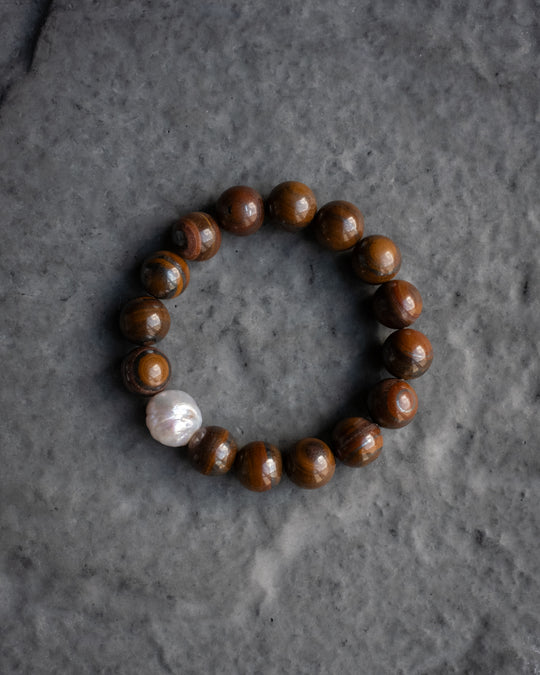 Tiger Iron & Vintage Pearl Round Bead Bracelet 12mm