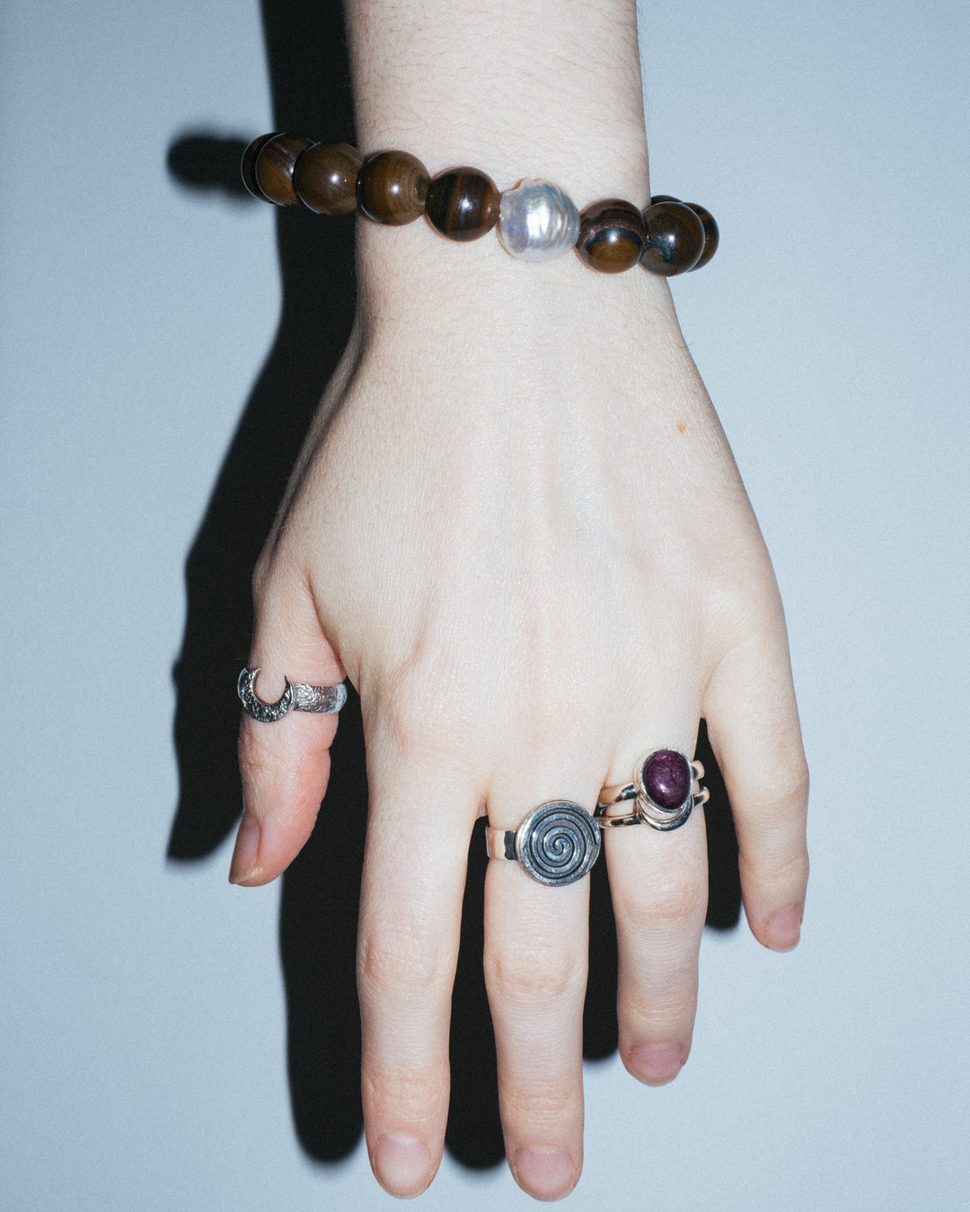 Tiger Iron & Vintage Pearl Round Bead Bracelet 12mm