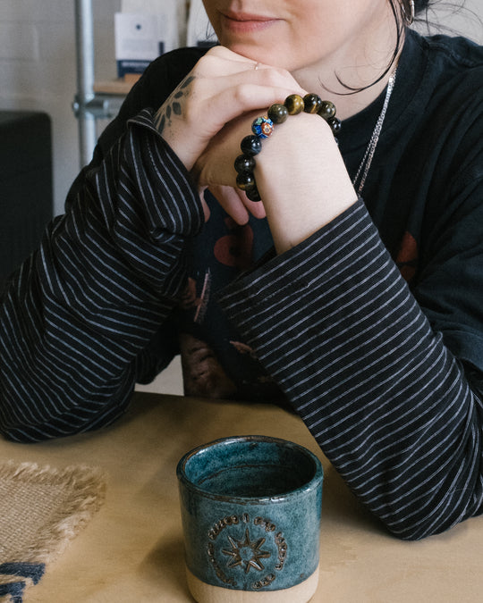 Blue Tiger's Eye & Vintage Pearl Round Bead Bracelet 12mm