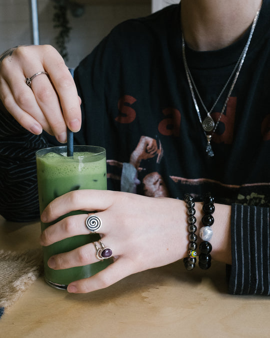 Black Onyx & Vintage Pearl Round Bead Bracelet 12mm