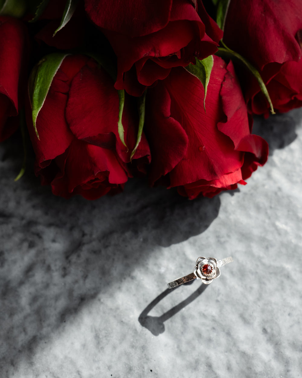 Garnet Rose Ring in Sterling Silver - Size Q
