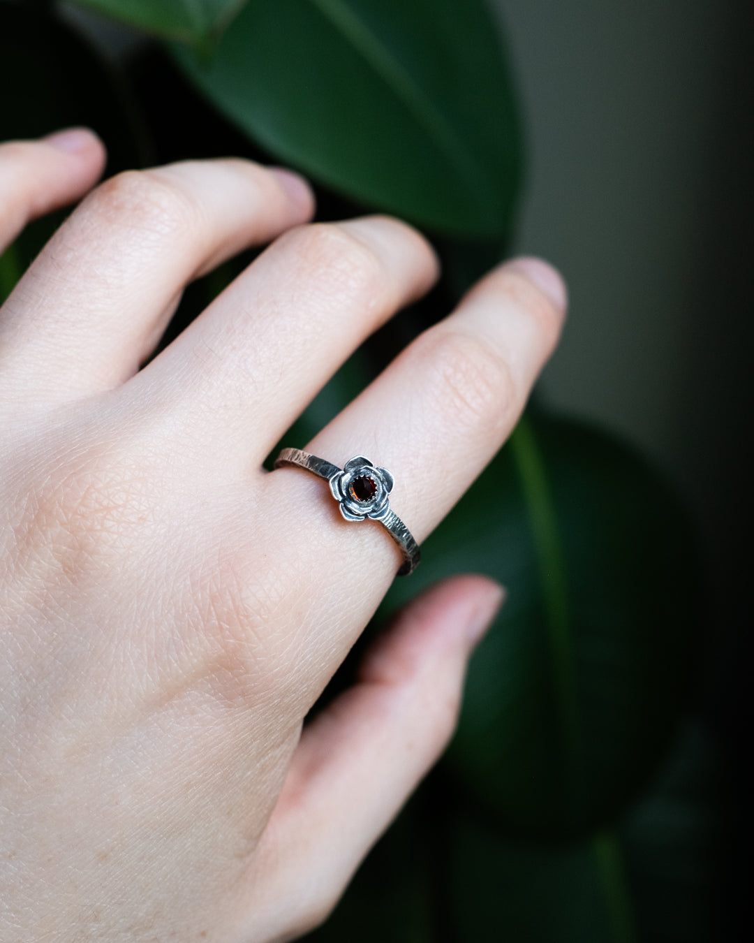 Garnet Rose Ring in Sterling Silver - Size Q