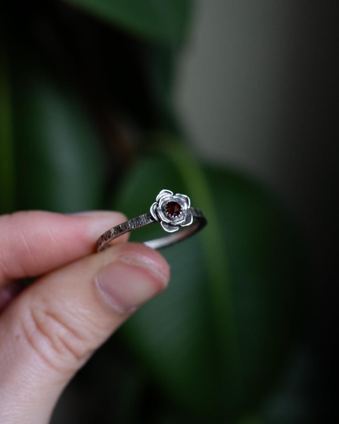 Garnet Rose Ring in Sterling Silver - Size Q