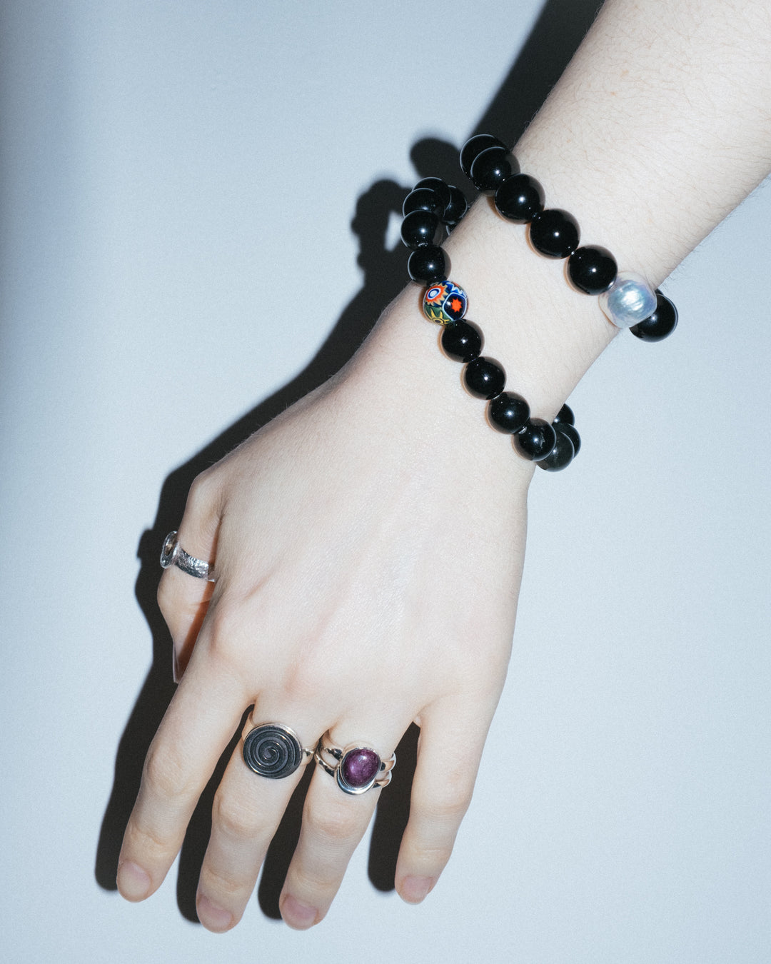 Black Agate & Vintage Pearl Round Bead Bracelet 10mm