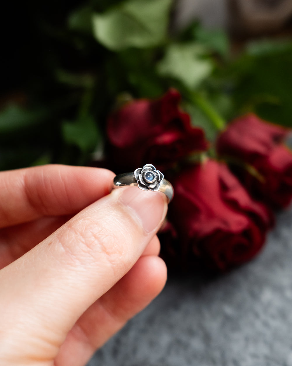 Rainbow Moonstone Rose Ring in Sterling Silver - Size I 1/2