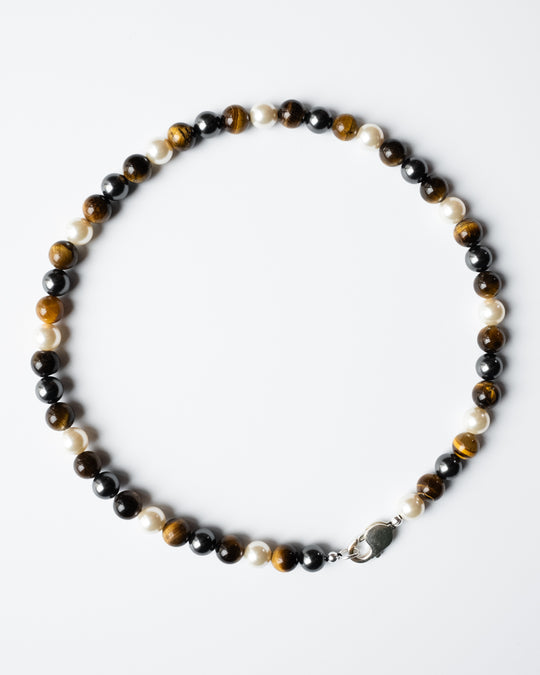 'The Earthling' Tiger's Eye, Cream & Black Pearl Sterling Silver Necklace