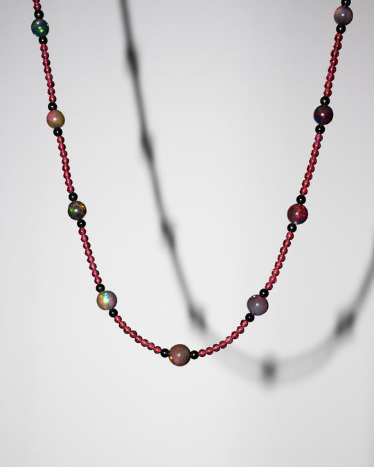 Black Opal, Garnet & Black Spinel 9ct Gold Satalite Necklace