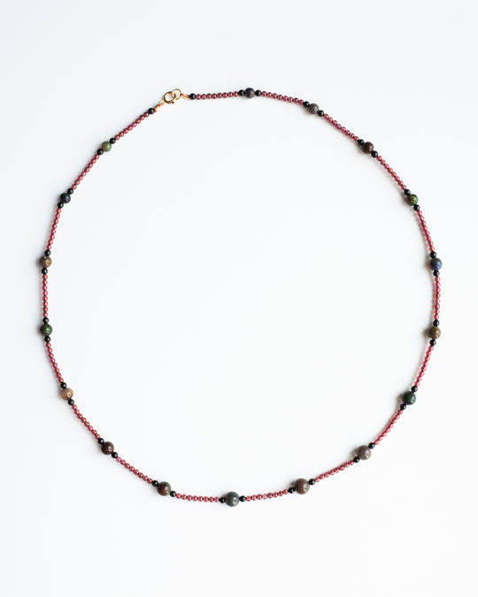 Black Opal, Garnet & Black Spinel 9ct Gold Satalite Necklace