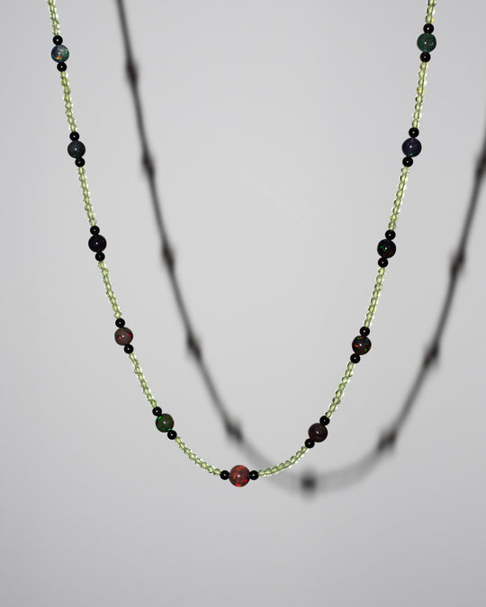 Black Opal, Peridot & Black Spinel 9ct Gold Satalite Necklace