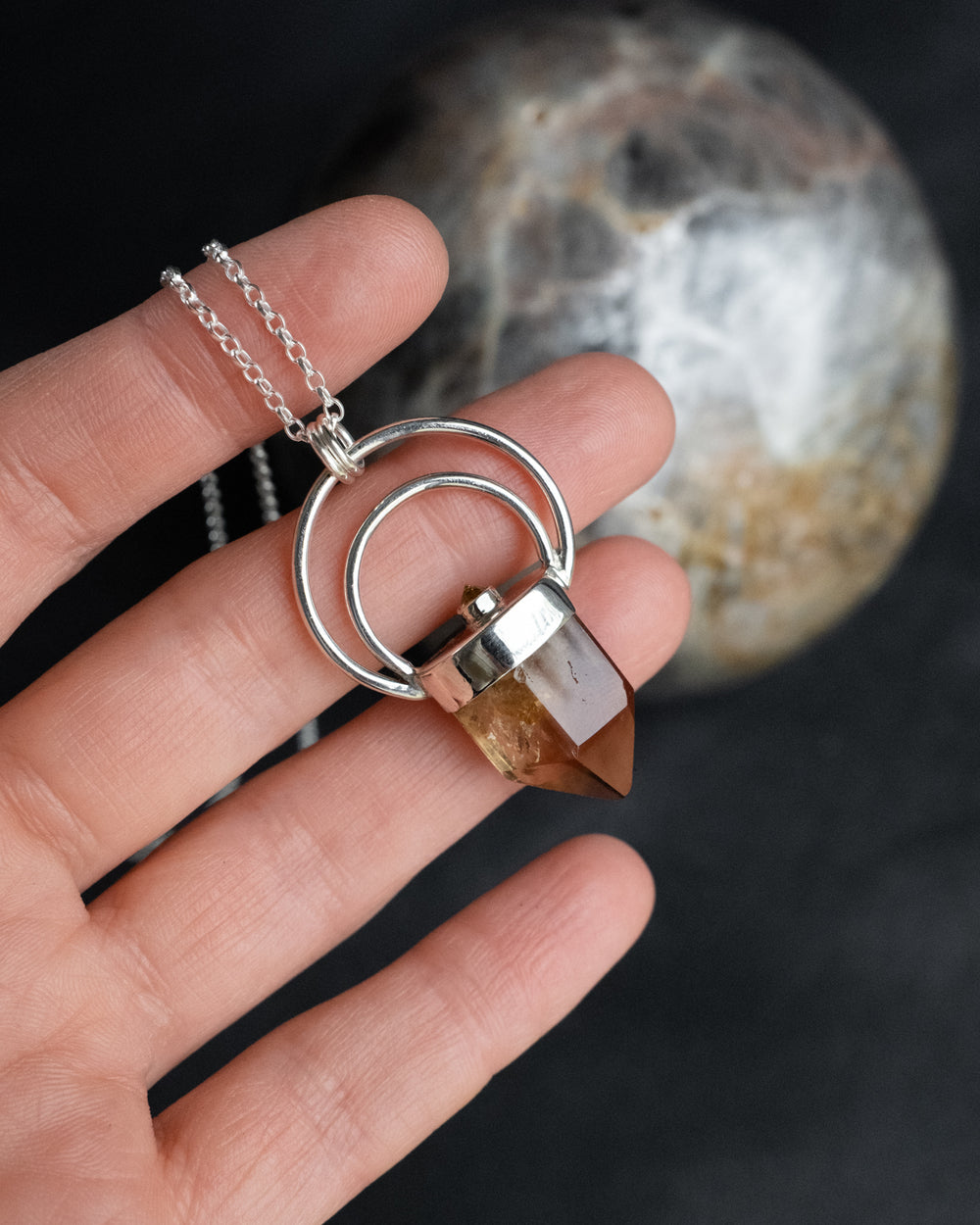 Smoky Citrine & Natural Citrine Moon Bail Sterling Silver Necklace