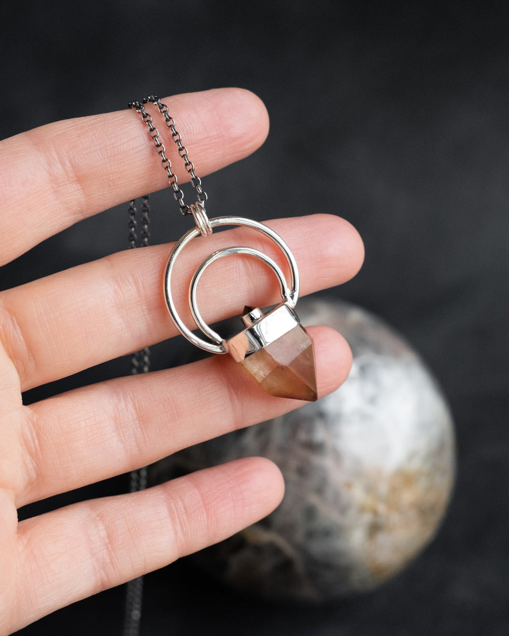 Golden Amethyst & Garnet Moon Bail Sterling Silver Necklace