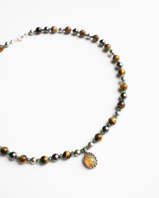 Ethiopian Opal Sterling Silver Portal Necklace with Tiger's Eye, Emerald & Pearls