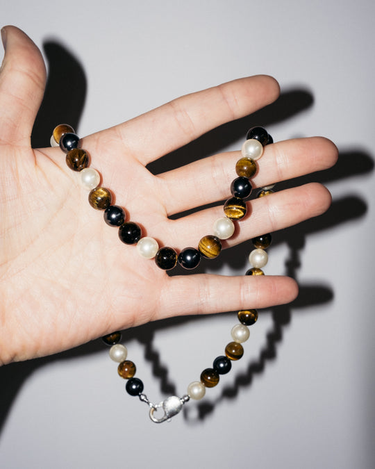 'The Earthling' Tiger's Eye, Cream & Black Pearl Sterling Silver Necklace