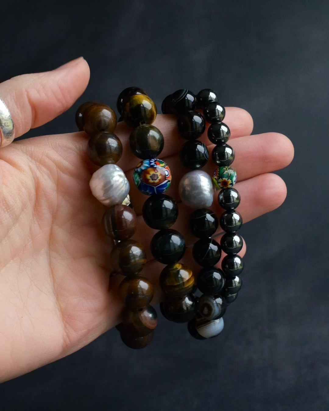 Black Agate & Vintage Pearl Round Bead Bracelet 10mm