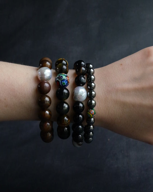 Black Agate & Vintage Pearl Round Bead Bracelet 10mm