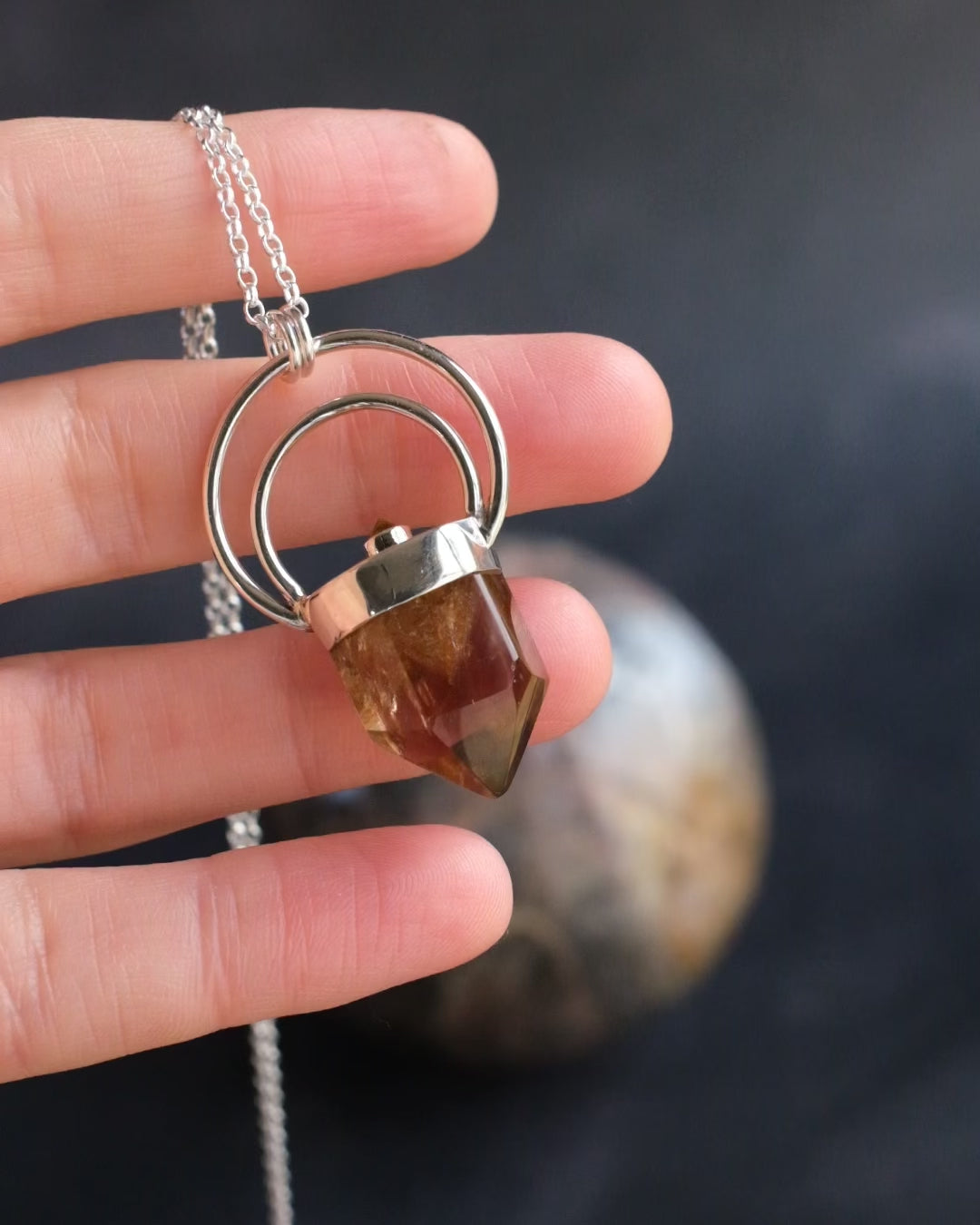 Smoky Citrine & Natural Citrine Moon Bail Sterling Silver Necklace