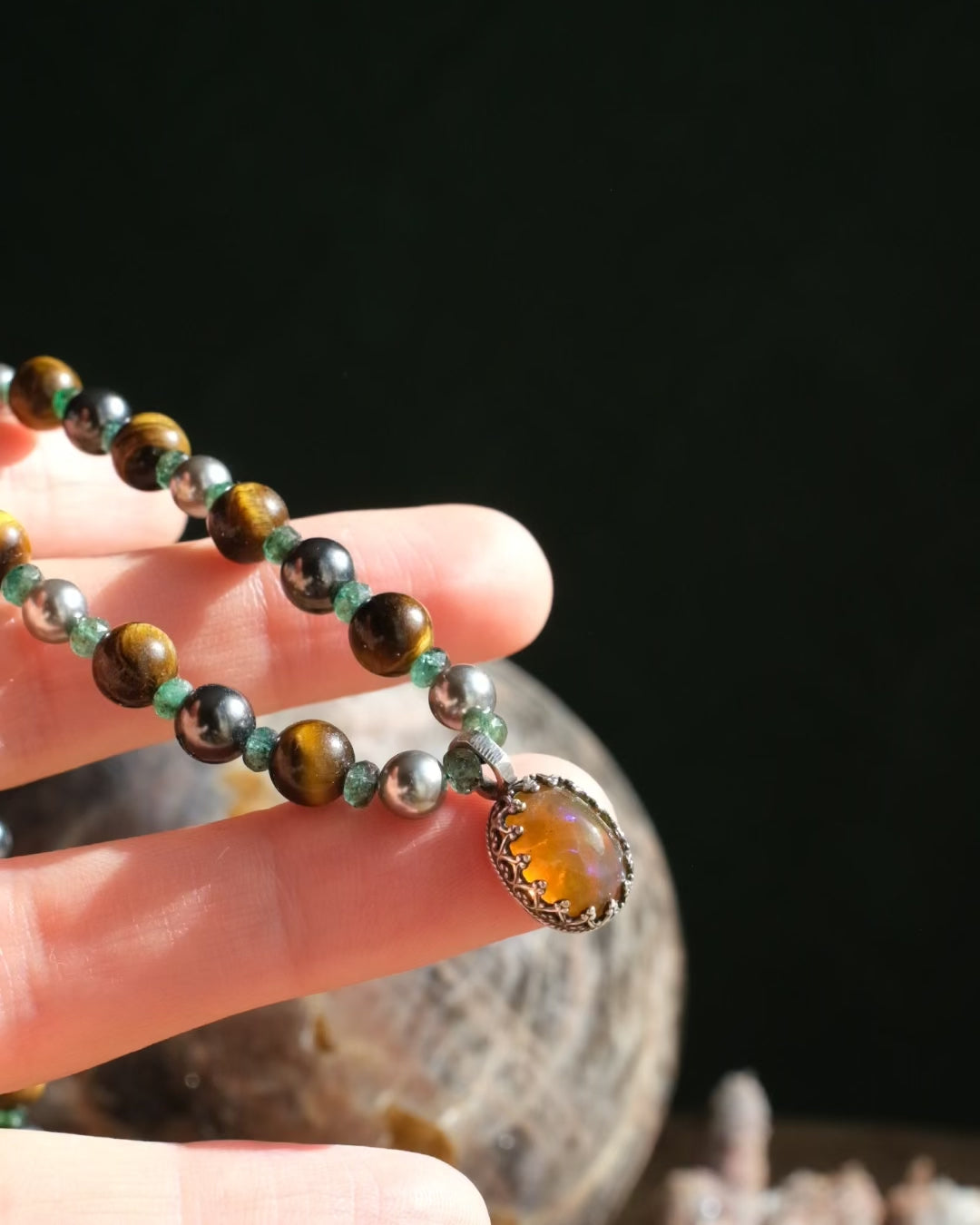 Ethiopian Opal Sterling Silver Portal Necklace with Tiger's Eye, Emerald & Pearls