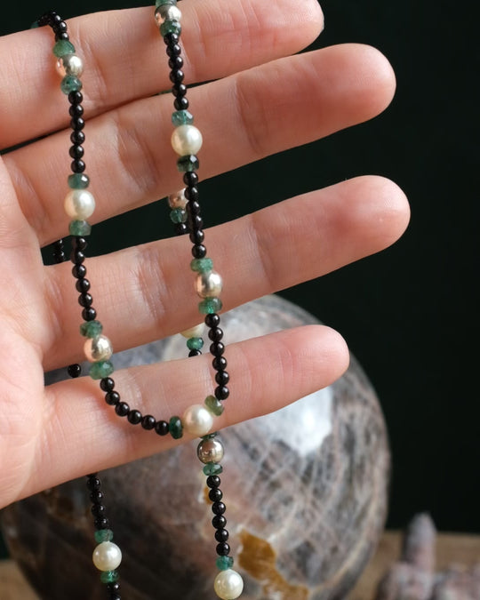 Pearl, Emerald & Black Spinel Sterling Silver Satalite Necklace