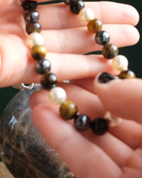 'The Earthling' Tiger's Eye, Cream & Black Pearl Sterling Silver Necklace