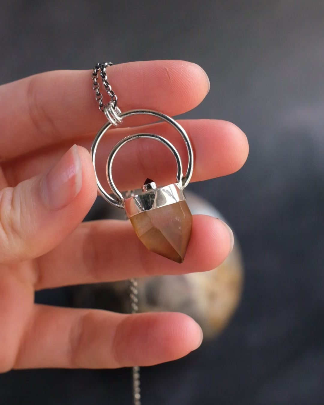 Golden Amethyst & Garnet Moon Bail Sterling Silver Necklace