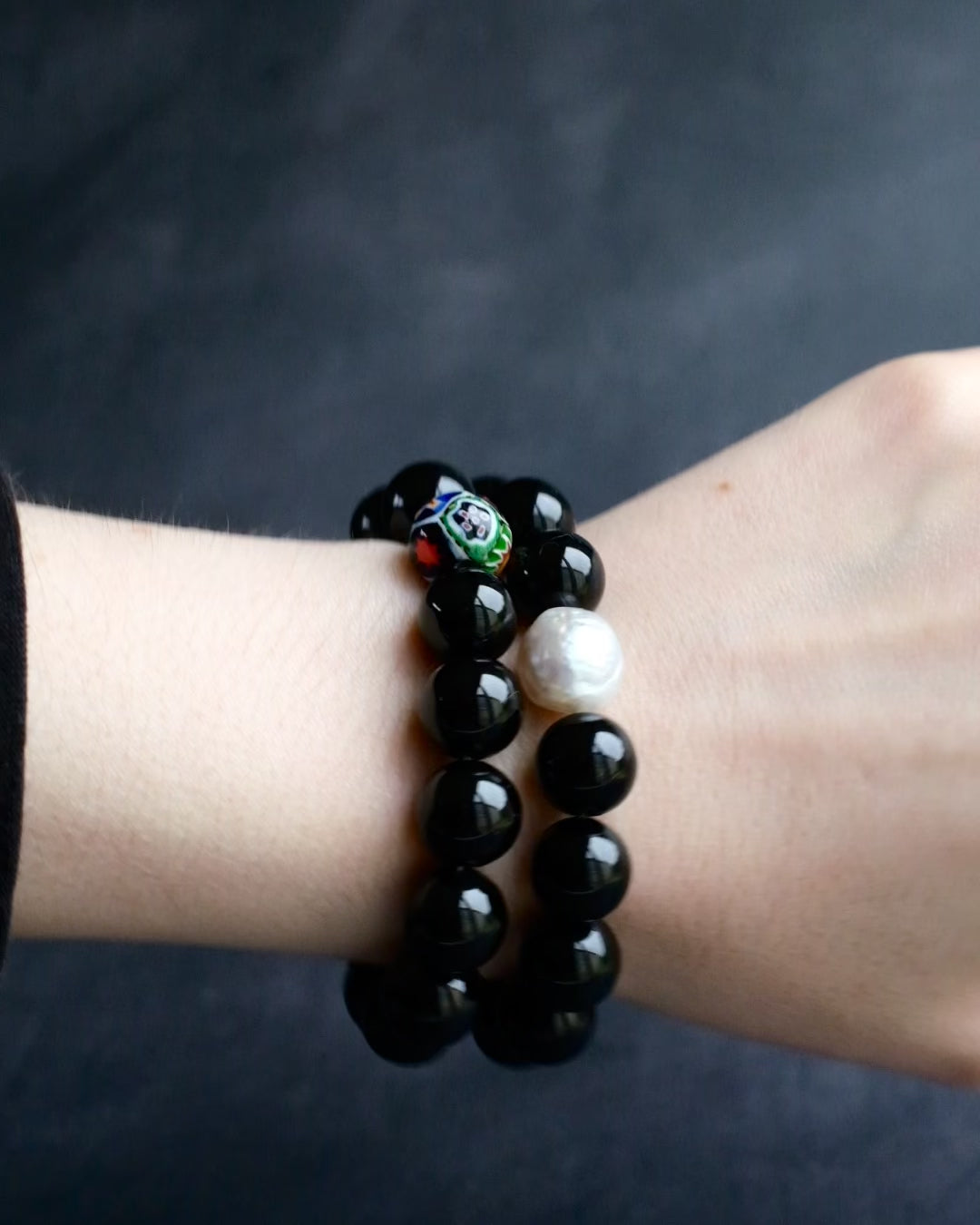 Black Onyx & Vintage Pearl Round Bead Bracelet 12mm