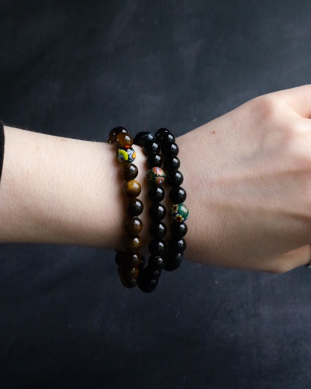 Hematite & Vintage Millefiori Round Bead Bracelet 8mm