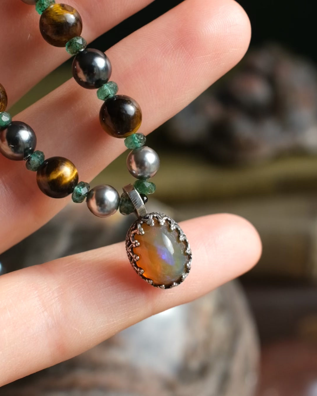 Ethiopian Opal Sterling Silver Portal Necklace with Tiger's Eye, Emerald & Pearls