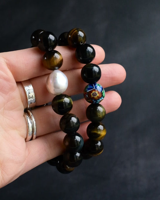 Blue Tiger's Eye & Vintage Pearl Round Bead Bracelet 12mm