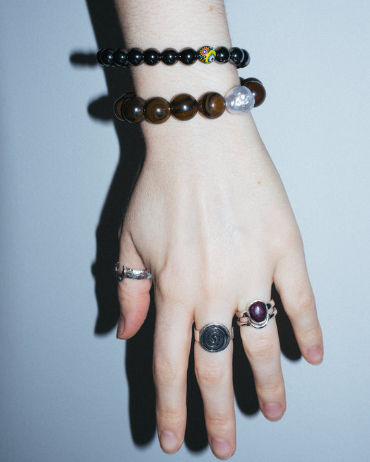 Tiger Iron & Vintage Pearl Round Bead Bracelet 12mm