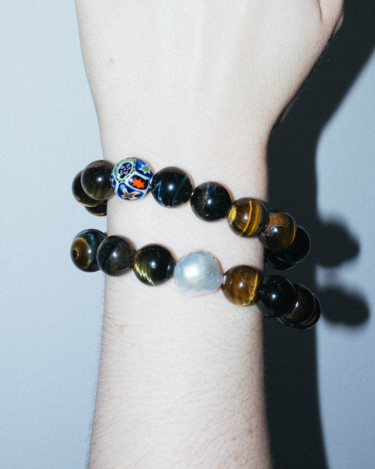 Blue Tiger's Eye & Vintage Pearl Round Bead Bracelet 12mm